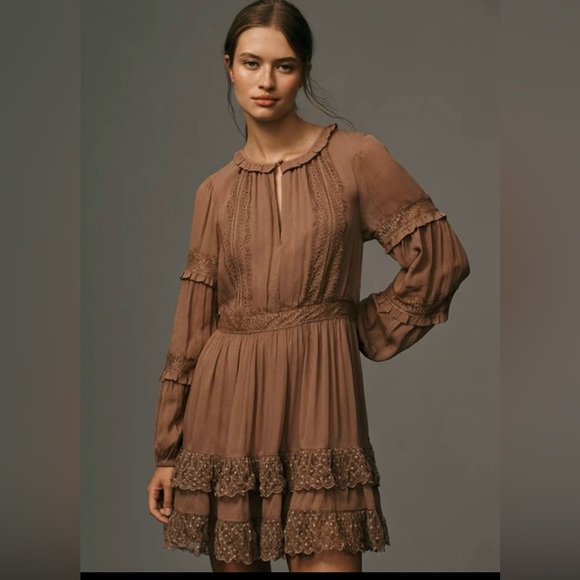 Anthropologie Dresses & Skirts - Anthropologie Brown Long Sleeve Dress with Lace Detail